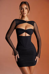 Long Sleeved Ruched Mini Dress in Black