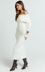 Karina Midi Dress - Long Sleeve Folded Off Shoulder Asymmetric Dress in Cream