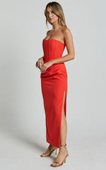 Avery Midi Dress - Strapless Draped Side Split Dress in Orange