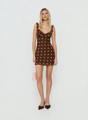 Lozie Frill V Neck Mini Dress Brown Polka Dot