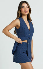 Francine Two Piece Top and Skirt Set - Longline V Neck Top And High Waist Mini Skirt Set in Navy