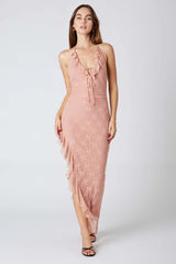 Lace Halter Asymmetrical Midi Dress