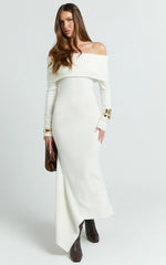 Karina Midi Dress - Long Sleeve Folded Off Shoulder Asymmetric Dress in Cream