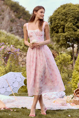 Luna Lace-bow Floral Midi Dress in Pink