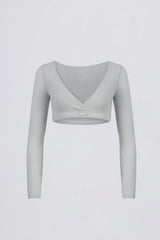 Brushed Jersey V-Neck Crop Top in Fog Grey