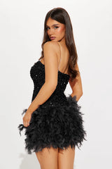 Zoey Feathered Sequin Mini Dress - Black