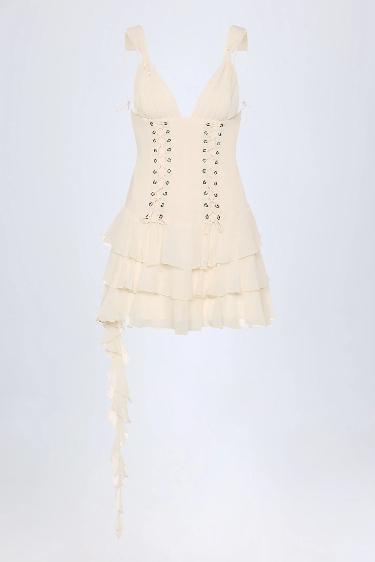Lace-Up Ruffled Tiered Mini Dress in Ivory