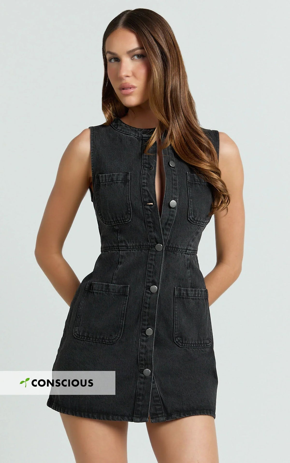 Stephanie Mini Dress - Scoop Neck Pocket Detail Recycled Denim Dress in Washed Black
