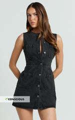 Stephanie Mini Dress - Scoop Neck Pocket Detail Recycled Denim Dress in Washed Black