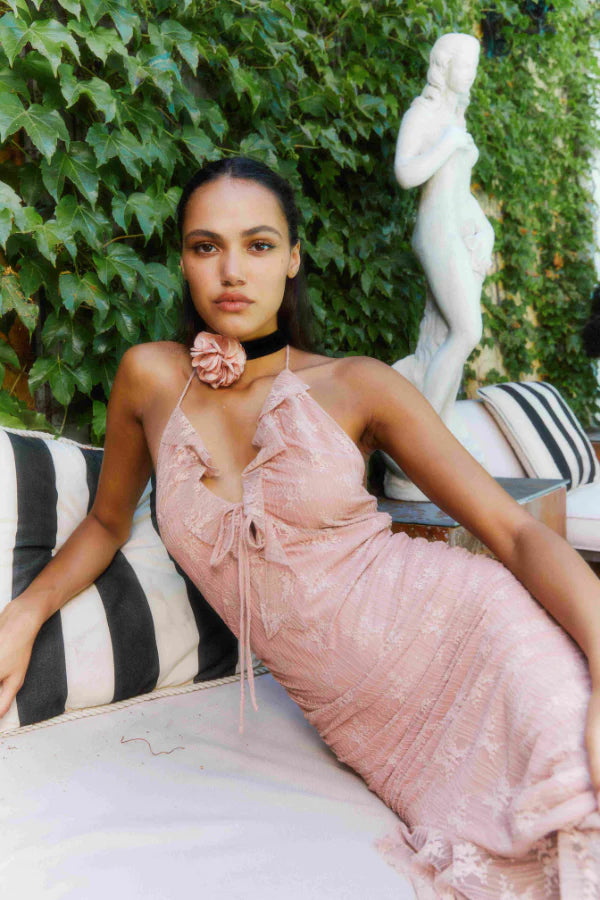 Lace Halter Asymmetrical Midi Dress