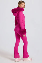 Waterproof Faux-Fur Hood Fitted Ski Suit in Magenta Pink