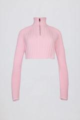 Ribbed Knit Quarter-Zip Cropped Jumper in Powder Pink