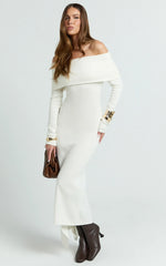 Karina Midi Dress - Long Sleeve Folded Off Shoulder Asymmetric Dress in Cream