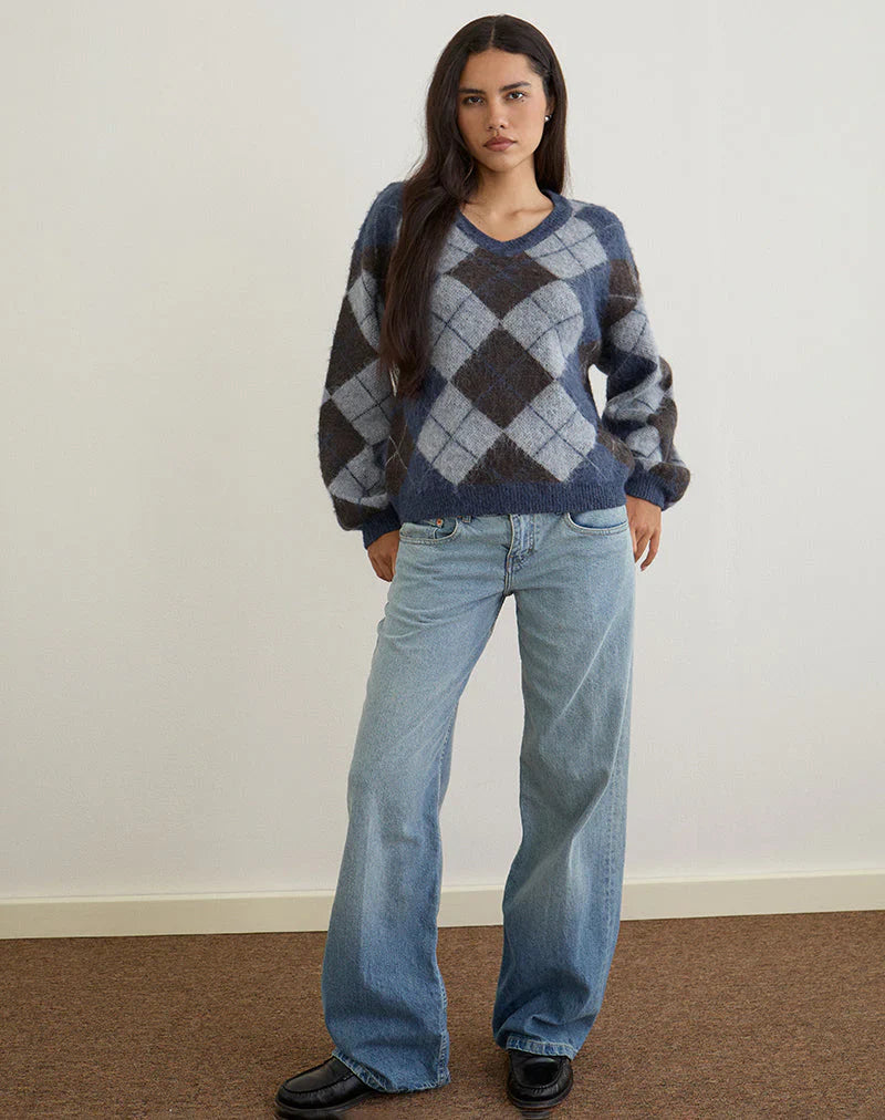 Louna Jumper in Knit Argyle Check Navy