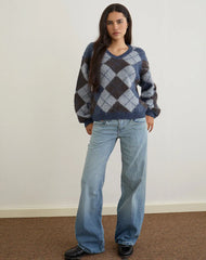 Louna Jumper in Knit Argyle Check Navy