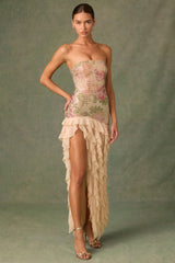 Embellished Ruffle-Trim Strapless Gown in Rose Hotfix