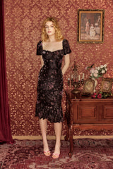 Carmen Puff Sleeves Midi Dress in Black