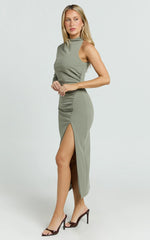 Olsen Midi Dress - Asymmetric One Sleeve Draped Leg Split Dress in Khaki