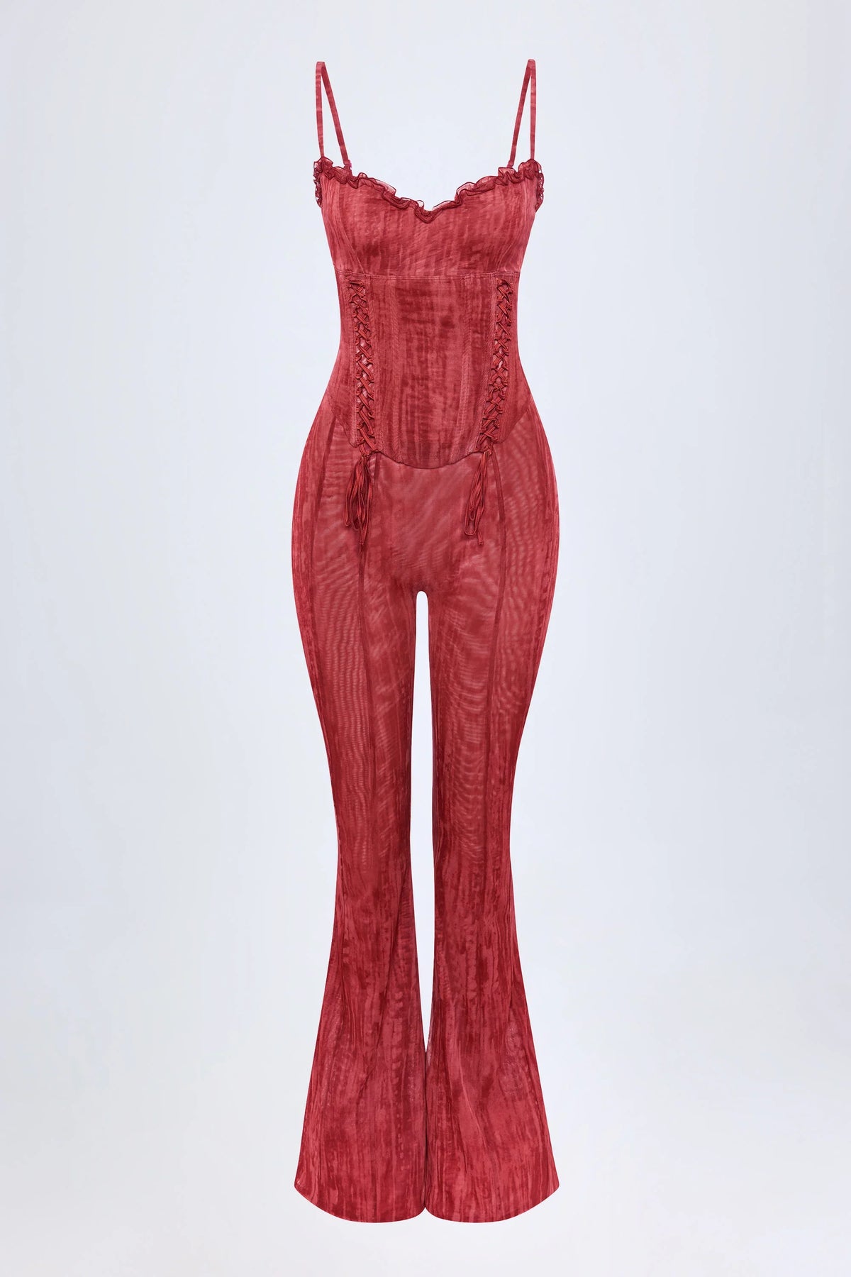 Lace-Up Ruffled Flared Jumpsuit in Red Print