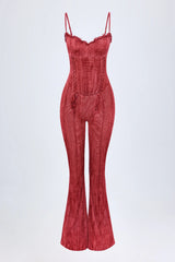 Lace-Up Ruffled Flared Jumpsuit in Red Print