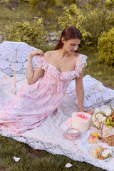 Anya Tecel Lace Floral Midi Dress in Pink