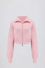 Ribbed Knit Zip-Up Cropped Sweatshirt in Pale Pink