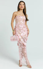 Sienna Maxi Dress - 3D Floral Strapless Column Dress in Pink