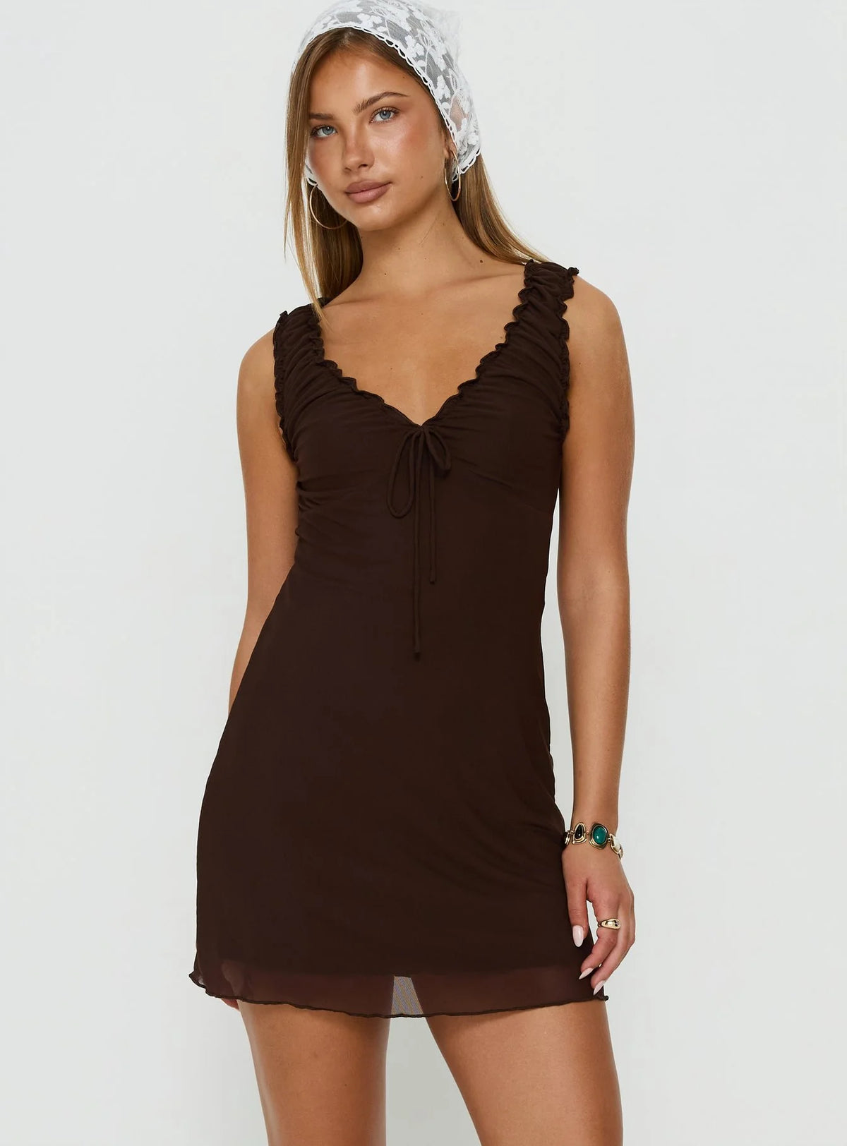 Natalis V Neck Mini Dress Chocolate