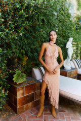 Lace Halter Asymmetrical Midi Dress